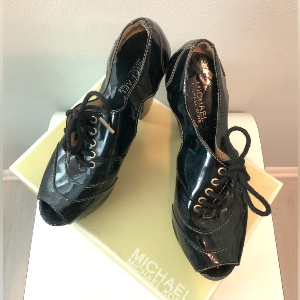 Michael Kors Black Patent Leather Lace-Up Peep-Toe Heels